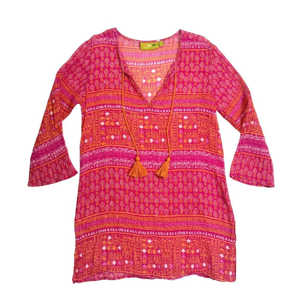 Rockflowerpaper Tunic Women Size M Pink Orange Tribal Print Cotton Tassel Boho - Picture 2 of 7